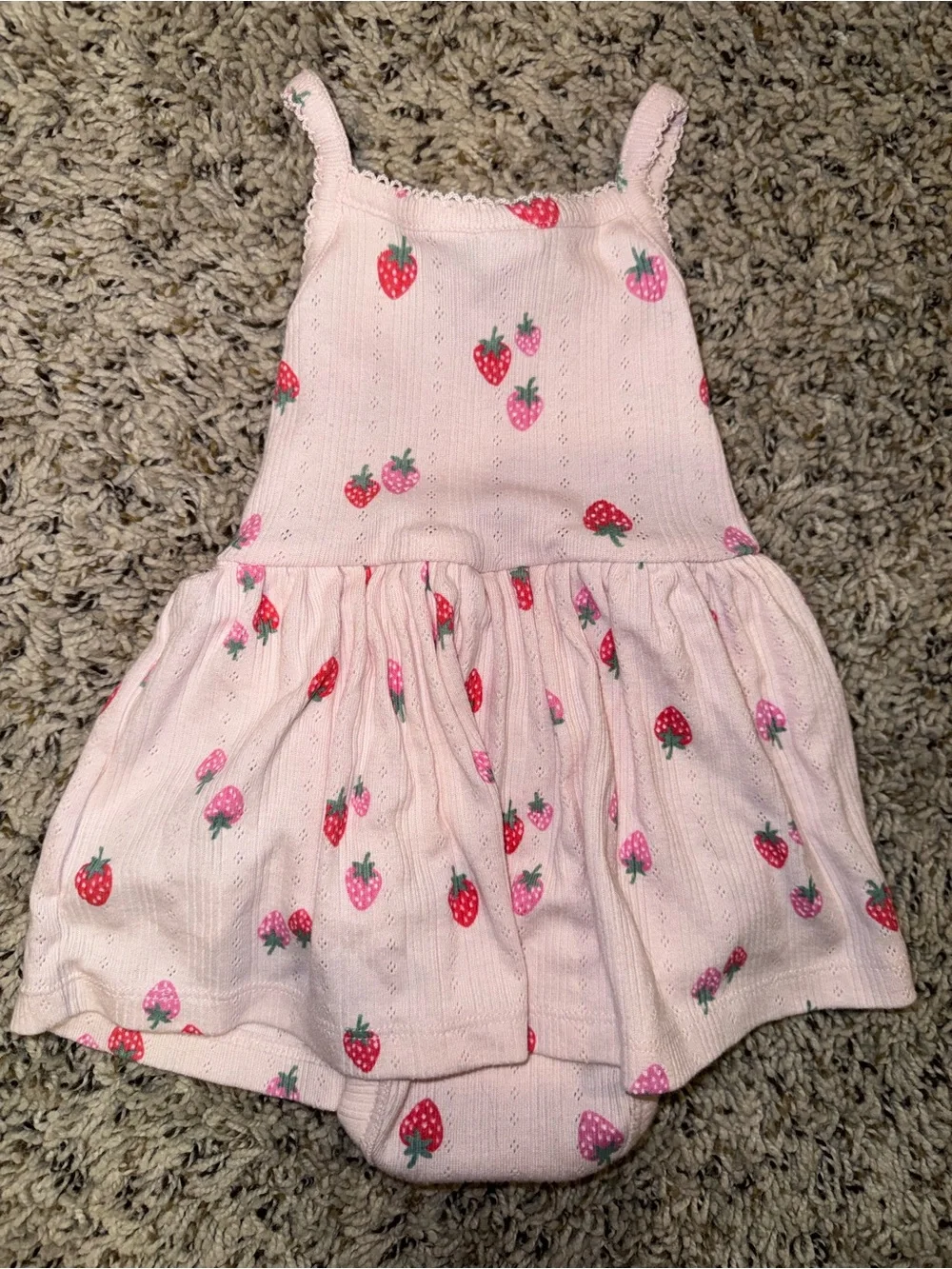 Old Navy Pink Strawberry Knit Sleeveless One-Piece Romper Snap Ruffle 6-12M